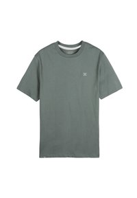 T-shirt en coton gris à manches courtes, col rond, avec un petit logo blanc sur le côté gauche de la poitrine. Coupe classique avec une texture lisse.