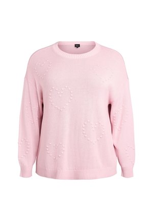 Šviesiai rožinis megztinis, pagamintas iš mezgimo su širdies raštais iškiliuose bumbuluose, plačiomis rankovėmis ir ribotu apvaliu kaklu bei apačia.