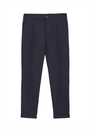 Marineblaue, maßgeschneiderte Hose mit Falten, Gürtelschlaufen, seitlichen Taschen, Knopf- und Reißverschluss sowie umgeschlagenen Säumen.