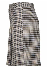 Jupe jusqu'au genou avec motif pied-de-poule beige, noir et bleu et taille ajustée, vue de côté.