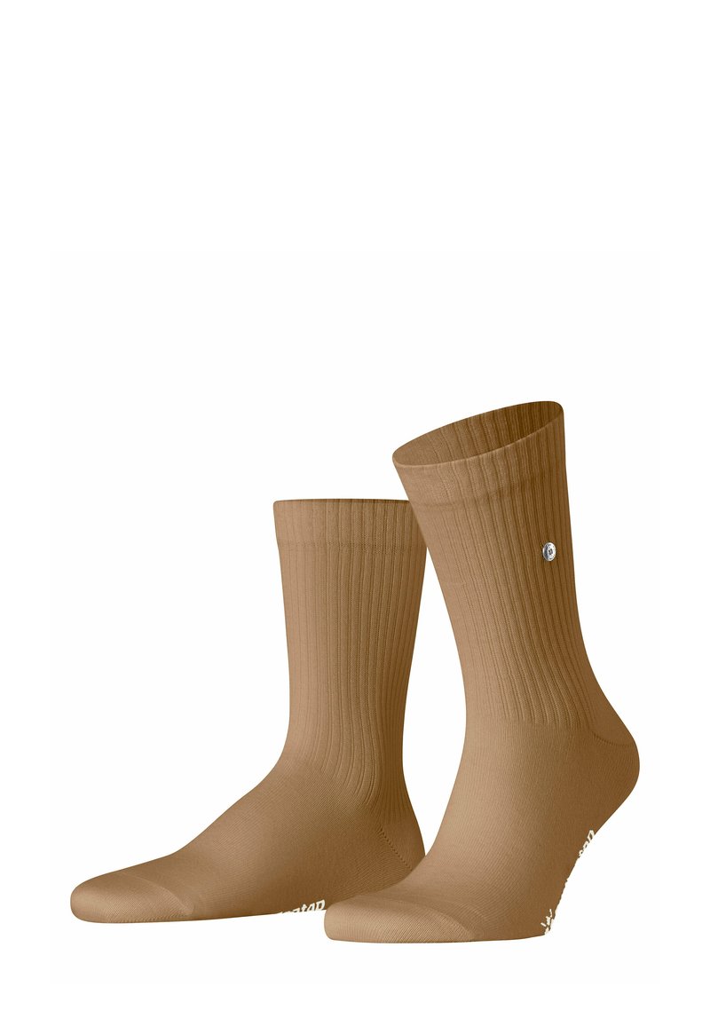 Calzini marroni a coste con una texture liscia, di lunghezza media, con un piccolo logo su un lato. Dotati di punta e tallone rinforzati.