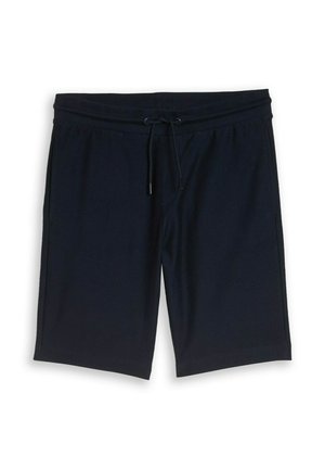 Pantaloncini neri di media lunghezza con fascia elastica in vita e coulisse, con tasche laterali, posati distesi su sfondo bianco.