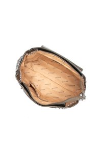 Borsa a tracolla grigia scura aperta con interno in tessuto beige decorato con il motivo "WITTCHEN", dotata di una piccola tasca e tracolla a catena.