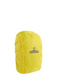 Geel waterdichte rugzakhoes gemaakt van lichtgewicht stof. Heeft een ronde vorm met een logo en contrasterende naadaccenten.