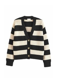Schwarz-creme gestreifter Cardigan mit V-Ausschnitt, gerippter Textur, langen Ärmeln und fünf braunen Knopfverschluss vorne.