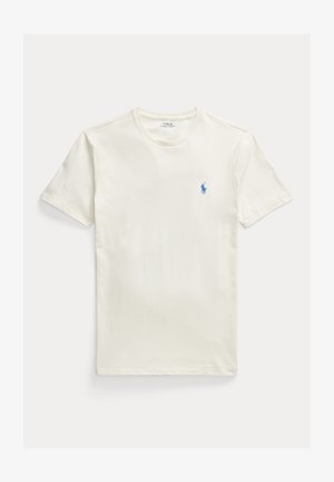 T-shirt blanc à manches courtes avec col rond et petit logo joueur de polo bleu sur la poitrine gauche.