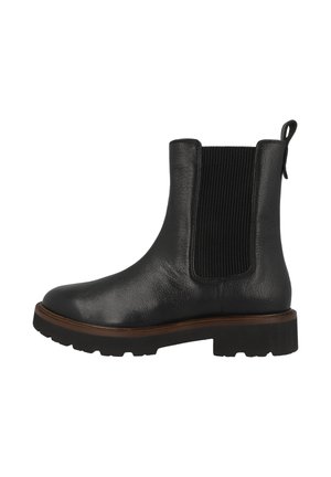 Black leather ankle boot with elastic side panel, pull tab at back, brown trim above thick black sole with treaded bottom.