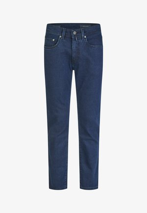 Dunkelblaue Jeans mit geradem Bein, vorne mit Knopf- und Reißverschluss, fünf Taschen und Gürtelschlaufen.