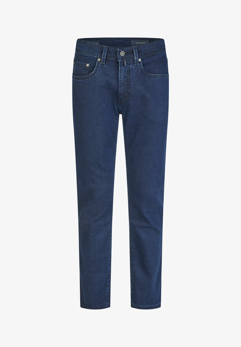 Dark blue straight-leg denim jeans with front button and zipper closure, five pockets, and belt loops.