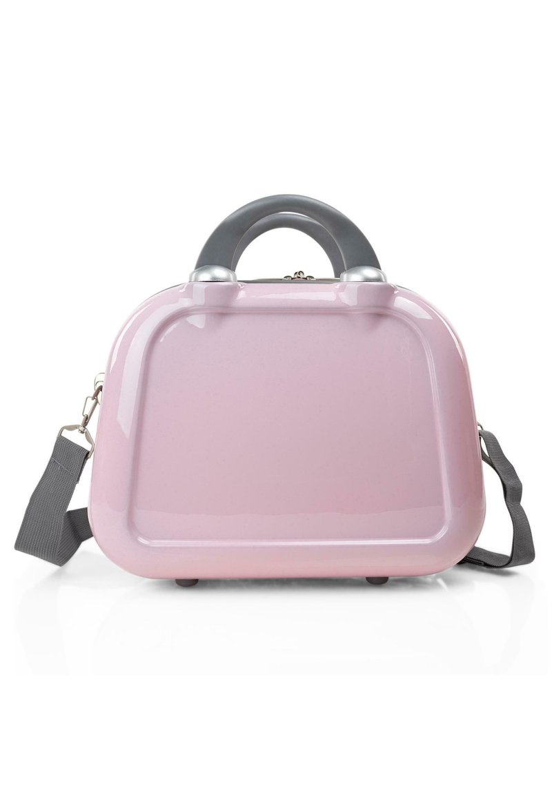 Bolso rígido rosa brillante con forma redondeada, asa gris, correa gris desmontable, detalles en plata y cuatro pequeñas patas en la parte inferior.