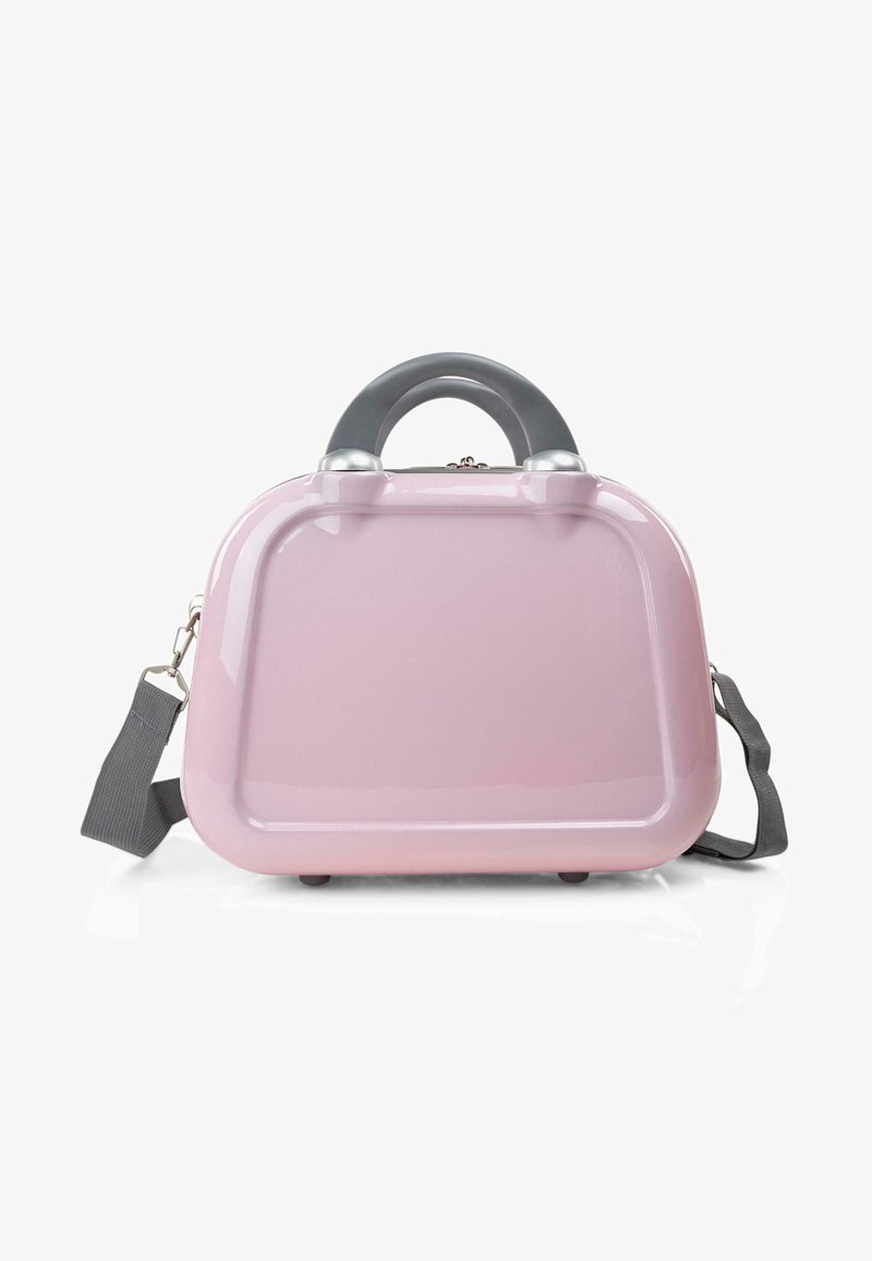 Bolso rígido rosa brillante con forma redondeada, asa gris, correa gris desmontable, detalles en plata y cuatro pequeñas patas en la parte inferior.