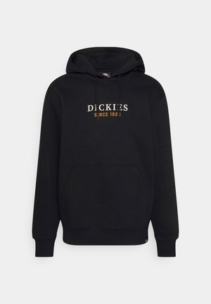 Felpa con cappuccio nera con tasca anteriore e coulisse, con la scritta "Dickies Since 1922" in bianco e arancione sul petto.