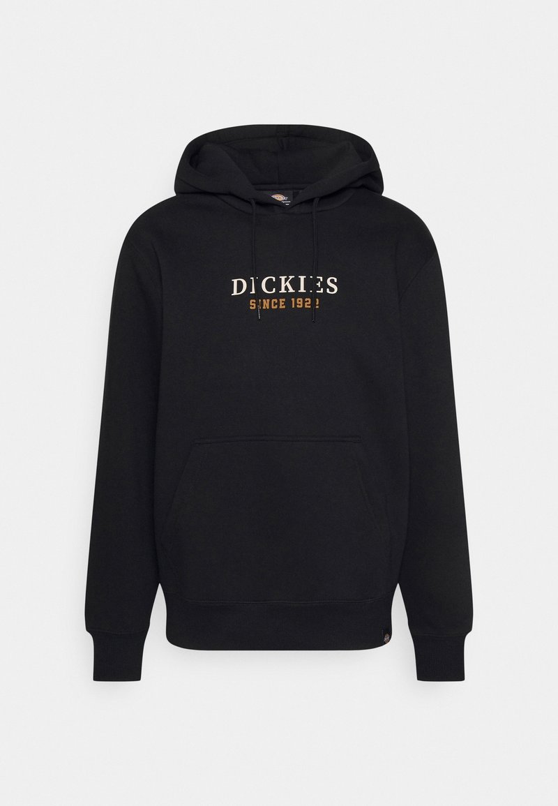 Sweat à capuche noir avec poche avant et cordons, affichant le texte "Dickies Since 1922" en blanc et orange sur la poitrine.