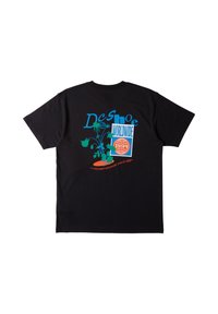 Zwarte t-shirt met korte mouwen, voorzien van een kleurrijke grafische print met tekst, plantmotieven en een wereldbolillustratie op de achterkant. Van katoen.