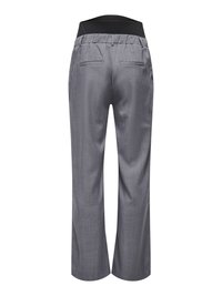 Gray, wide-leg trousers with a black stretchy waistband. Features a smooth texture and two back pockets. Tailored design and classic fabric.