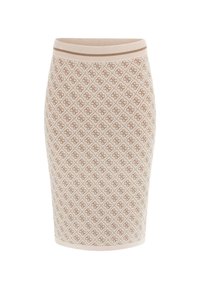 Välttämätön neulepuuvillapencil-hame kreeminvärisenä, jossa on ruskea geometrinen kuosi. Hameessa on ribbausvyötärö ruskeilla raidoilla. Slim fit, puolipitkä malli.