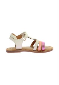 Lys beige lædersandal med en flad sål, der har flerfarvede stropper i pink, orange og hvid. Side spænde til lukning.