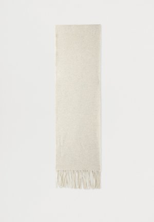 Long beige wool scarf with fringe at one end and subtle embossed brand name near the fringe on plain white background.