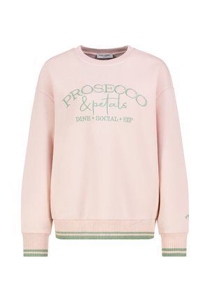 Rosa Sweatshirt mit grüner Stickschrift "PROSECCO & petals DINE + SOCIAL + SIP." Gerippte Bündchen und Saum mit grünen Streifen. Weicher Stoff.