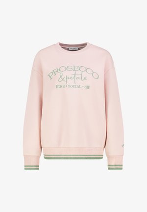 Rosa Sweatshirt mit grüner Stickschrift "PROSECCO & petals DINE + SOCIAL + SIP." Gerippte Bündchen und Saum mit grünen Streifen. Weicher Stoff.