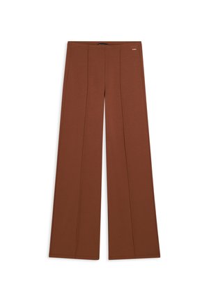 Pantaloni a gamba larga in tessuto marrone uniforme con una texture liscia. Presentano dettagli di cucitura verticale lungo il davanti. Vita elasticizzata.