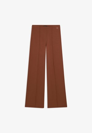 Pantaloni a gamba larga in tessuto marrone uniforme con una texture liscia. Presentano dettagli di cucitura verticale lungo il davanti. Vita elasticizzata.