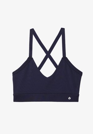 Marineblaue Bralette mit V-Ausschnitt, überkreuzten Trägern auf der Rückseite und einem kleinen Logo-Akzent auf der unteren linken Seite. Weicher Stoff mit angenehmer Textur.