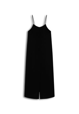 Black sleeveless dress with thin straps, featuring a loose fit and a front slit. Made of a smooth, lightweight material with a matte finish.