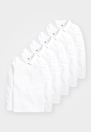 Set of five long-sleeve white polo shirts. Cotton material, ribbed collar, three-button placket, smooth texture, uniform in design.