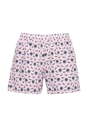 Costume da bagno rosa chiaro con vita elastica e coulisse, con motivo ripetuto di orologi blu e pipistrelli neri.