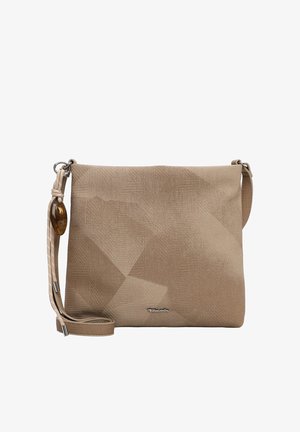Beige crossbody bag with textured geometric pattern, adjustable strap, and decorative amber-colored bead near attachment ring.