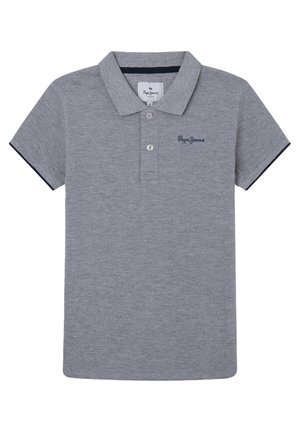 Grijs poloshirt met korte mouwen, een kraag, twee knopen, marineblauwe bies op de mouwen en een geborduurd "Pepe Jeans"-logo op de borst.