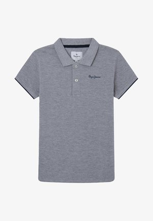 Szara koszulka polo z krótkim rękawem, kołnierzykiem, dwoma guzikami, granatowym wykończeniem na rękawach oraz wyhaftowanym logo "Pepe Jeans" na piersi.