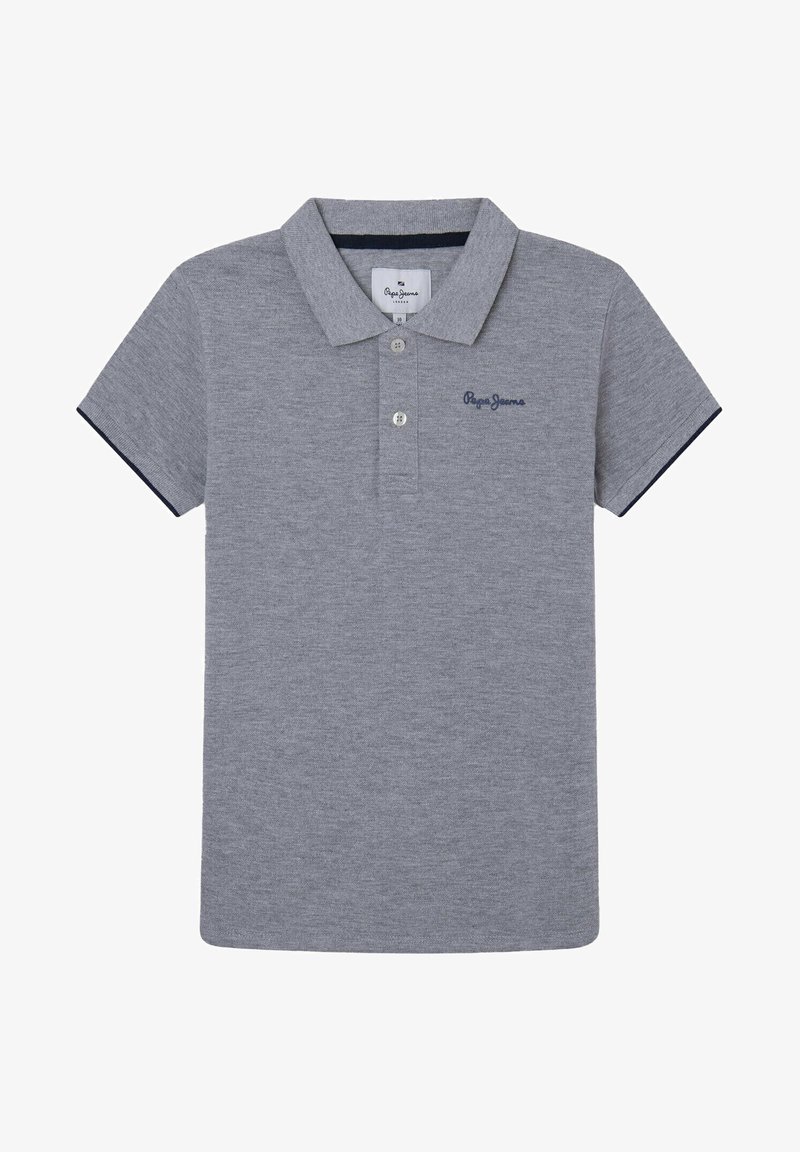Polo gris à manches courtes avec col, deux boutons, bordure marine sur les manches, et logo "Pepe Jeans" brodé sur la poitrine.