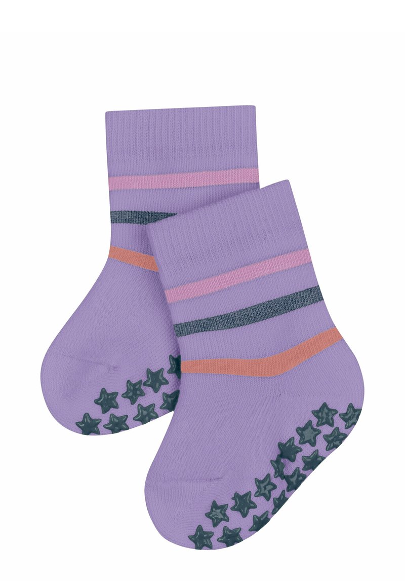 Lila Knöchelsocken mit pinken und dunkelgrünen Streifen. Die strukturierte Unterseite verfügt über grüne Gummist Sterne für besseren Halt. Weiches und atmungsaktives Material.