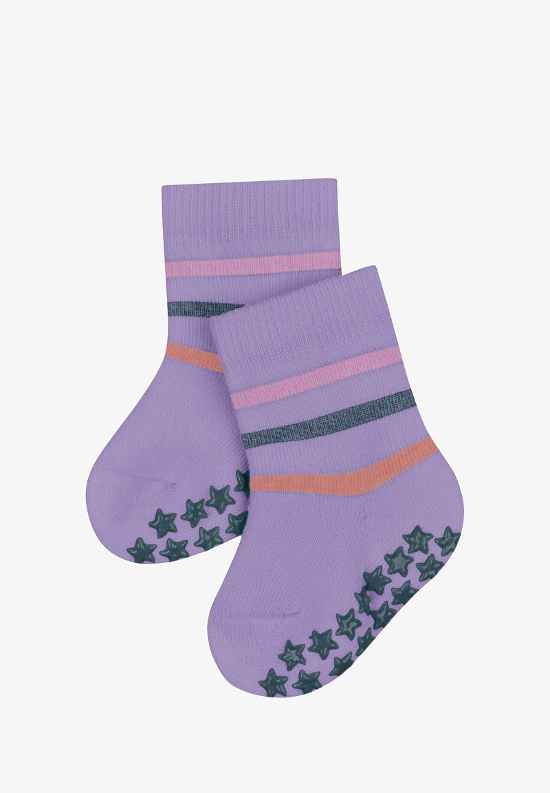 Lila Knöchelsocken mit pinken und dunkelgrünen Streifen. Die strukturierte Unterseite verfügt über grüne Gummist Sterne für besseren Halt. Weiches und atmungsaktives Material.