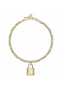 Bracciale in oro con maglie texture e ciondolo a forma di lucchetto. Presenta una chiusura a molla e una finitura semplice e lucida.