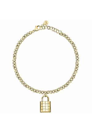 Bracciale in oro con maglie texture e ciondolo a forma di lucchetto. Presenta una chiusura a molla e una finitura semplice e lucida.
