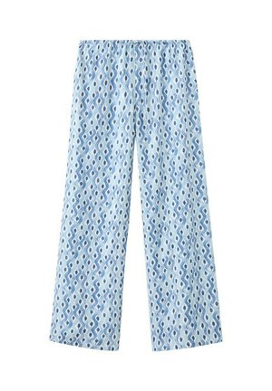 Pantalones de pijama azul claro con cintura elástica, con un patrón geométrico de gotas en tonos azul oscuro y blanco repetido.