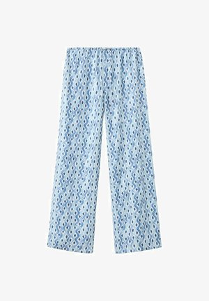 Pantaloni de pijama albastru deschis cu talie elastică, având un model geometric repetitiv în formă de picătură, bleu închis și alb.