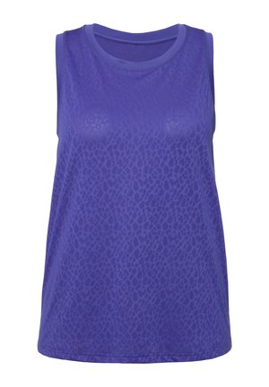 Top senza maniche di colore viola con un motivo leopardato testurizzato, scollatura rotonda e design dalla vestibilità rilassata.