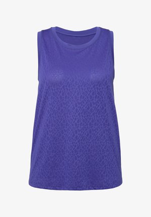 Fioletowy bezrękawnik z fakturowanym wzorem w panterkę, okrągłym dekoltem i luźnym krojem.