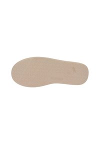 Semelle de chaussure beige clair avec un motif de grip texturé, dotée d'une surface lisse et d'une forme arrondie. Les marquages incluent le nom de la marque et le numéro de modèle.