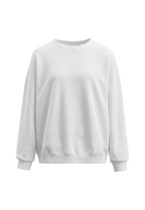 Schlichter weißer Crewneck-Sweatshirt mit langen Ärmeln und gerippten Bündchen und Saum, gezeigt vor weißem Hintergrund.
