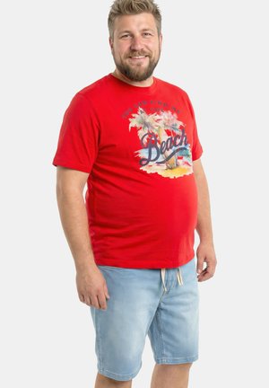 Lächelnder Mann mit Bart, trägt ein rotes T-Shirt mit einem Palmen-Print am Strand und hellblauen Jeans-Shorts, steht vor einem weißen Hintergrund.