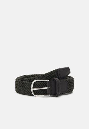 Woven green elastic belt with a silver metal buckle and dark leather accents, featuring a flexible, braided texture and a classic design.