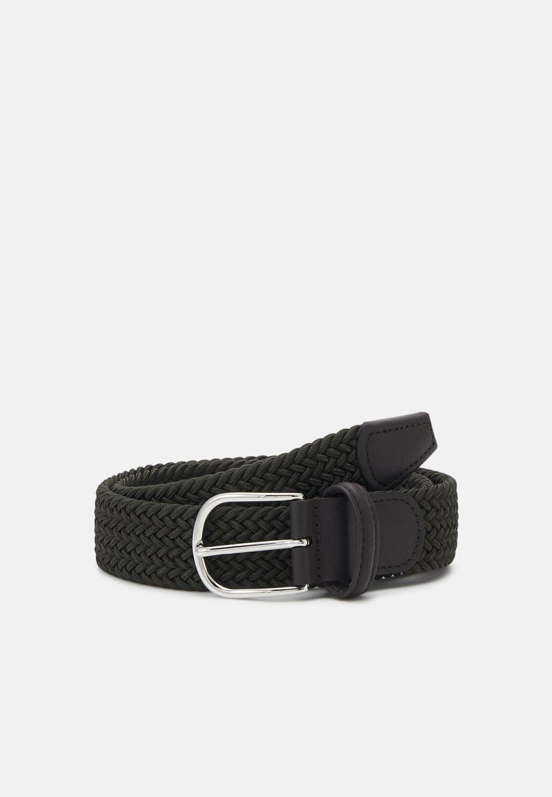 Woven green elastic belt with a silver metal buckle and dark leather accents, featuring a flexible, braided texture and a classic design.