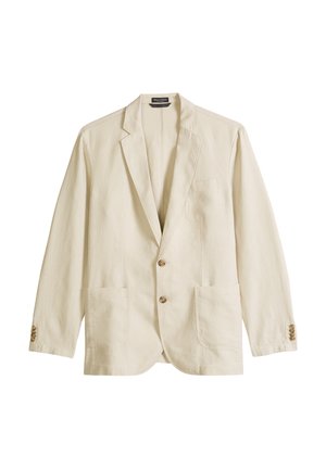 Męska marynarka w kolorze kremowym z klapami z wycięciem, dwoma frontowymi guzikami, naszywanymi kieszeniami i mankietami na guziki, prezentowana na białym tle.