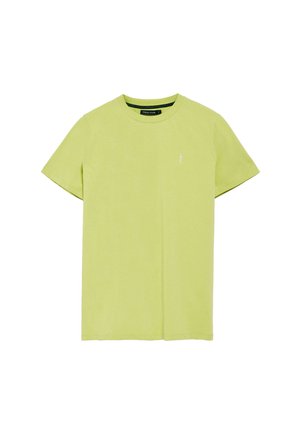 Korte mouwen, ronde hals t-shirt in limoen groen katoen, met een klein geborduurd logo op de linkerborst. Gladde textuur en eenvoudig ontwerp.