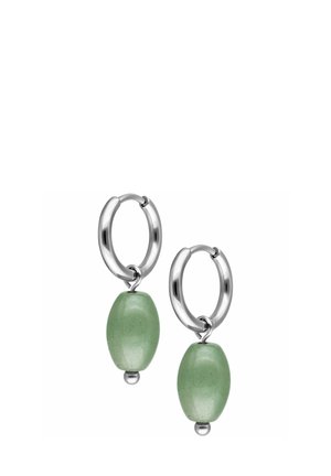 Silver hoop earrings each with a dangling smooth, oval-shaped green stone and small silver bead at the bottom.